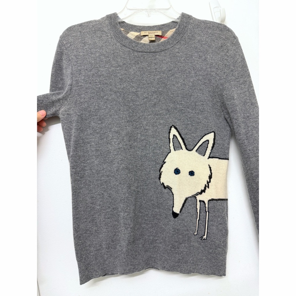 Burberry Brit Fox Wraparound Gray Crewneck Sweater Cashmere Wool Animal Print S - Picture 5 of 15